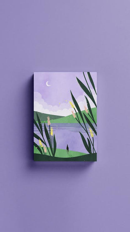 Libreta Lago lila con flores y luna decreciente