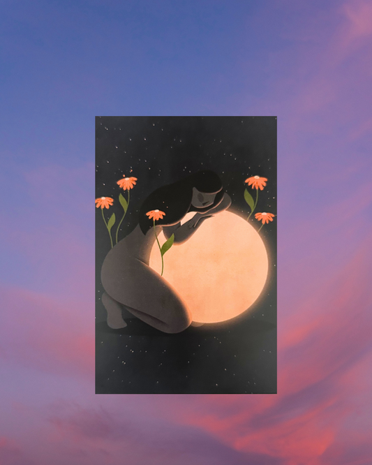 Postcard Girl hugging the moon