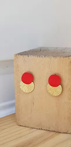 Pendientes Latón Círculo Rojo y Semi latón