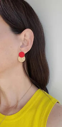 Pendientes Latón Círculo Rojo y Semi latón