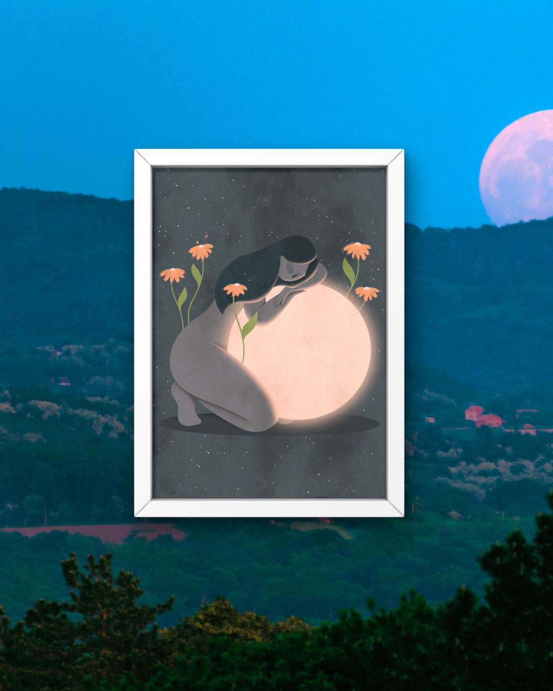 Postcard Girl hugging the moon