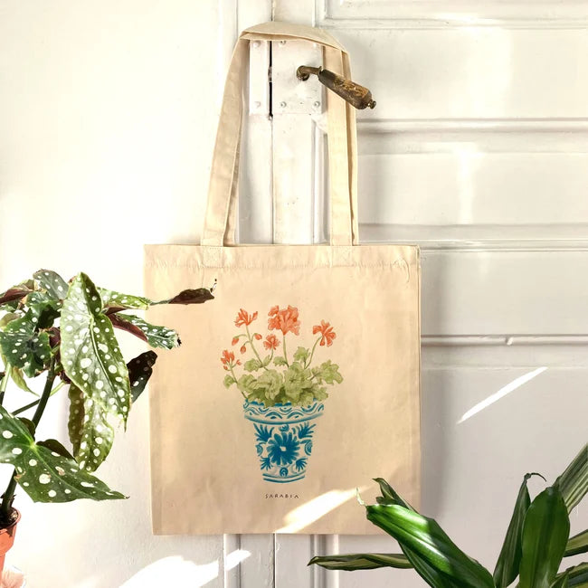 Totebag Geranio con maceta blanca y azul