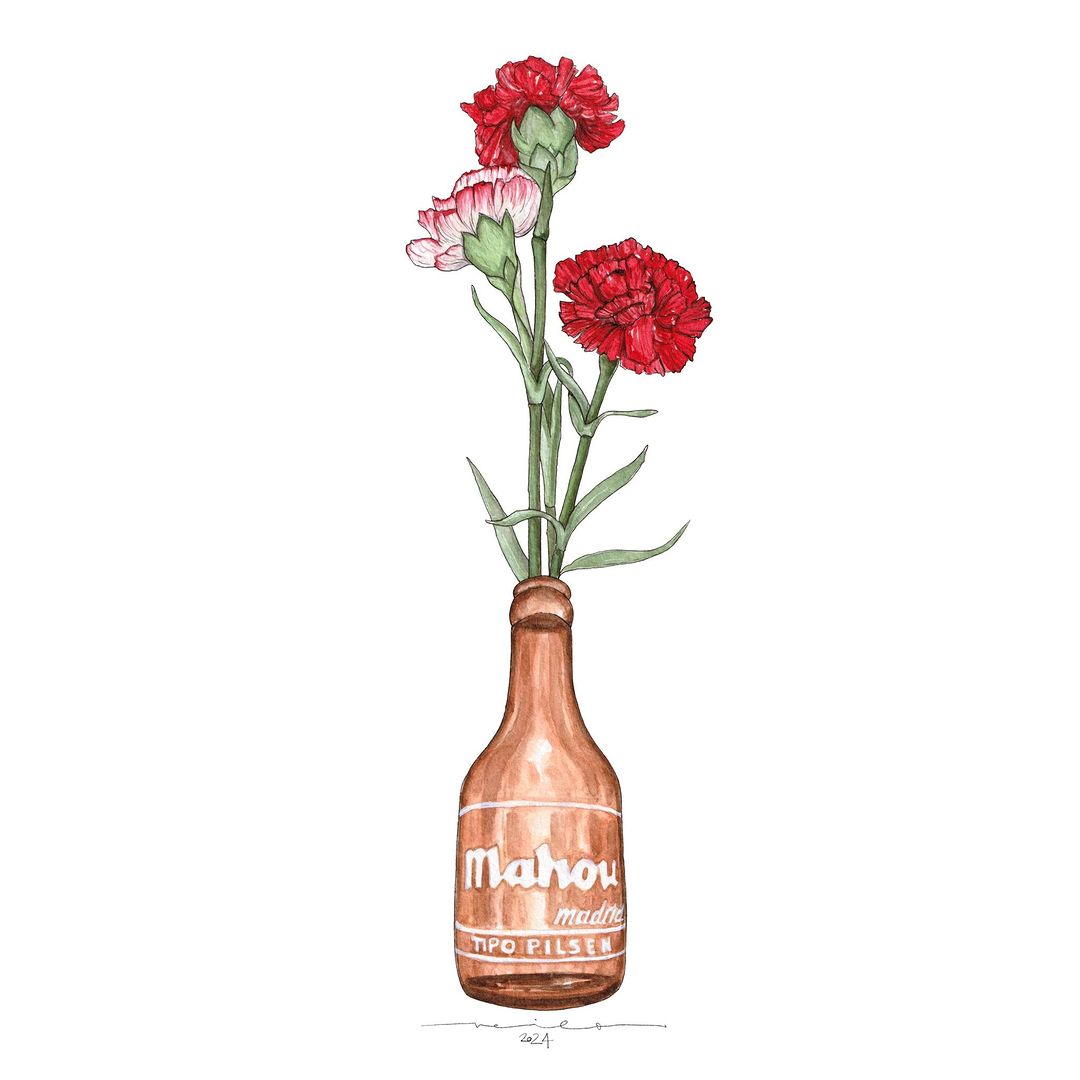 Lámina Botellín Mahou con flores claveles rojos