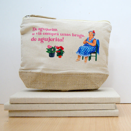 Jute toiletry bag Grandma - Sewing and unstitching my girl is learning